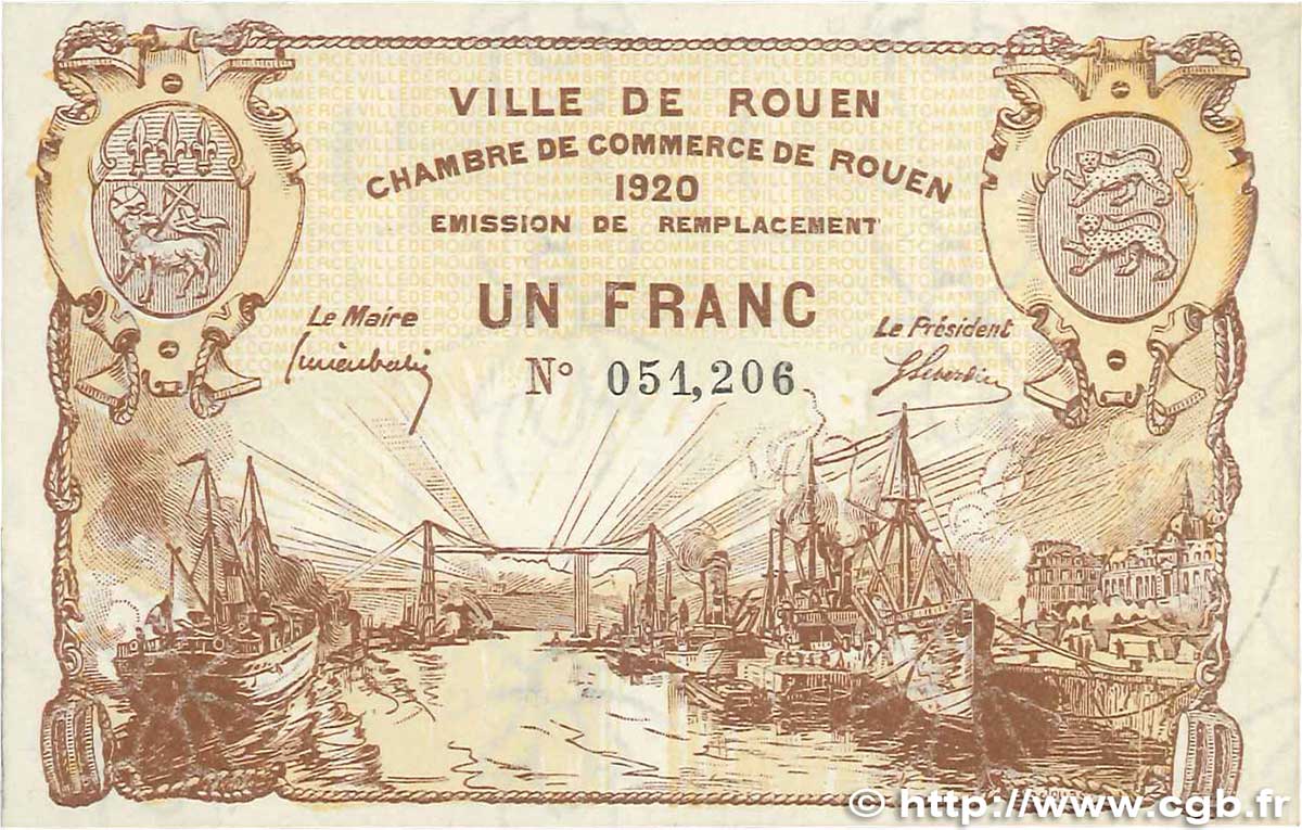 1 Franc FRANCE Regionalismus und verschiedenen Rouen 1920 JP.110.50 fVZ