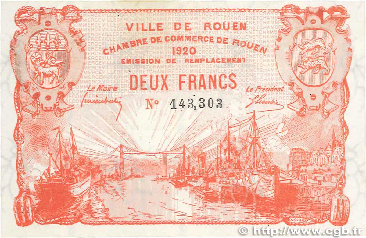 2 Francs FRANCE regionalism and miscellaneous Rouen 1920 JP.110.52 VF+
