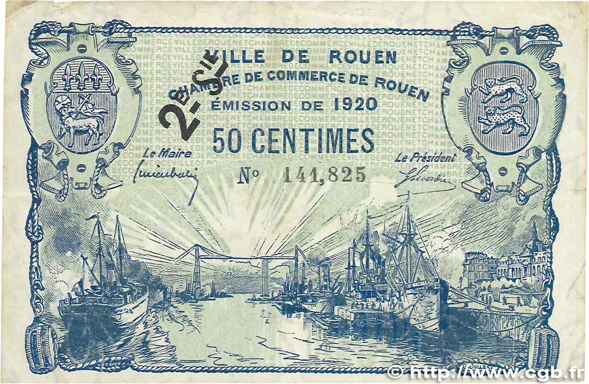 50 Centimes FRANCE regionalism and various Rouen 1920 JP.110.53 F