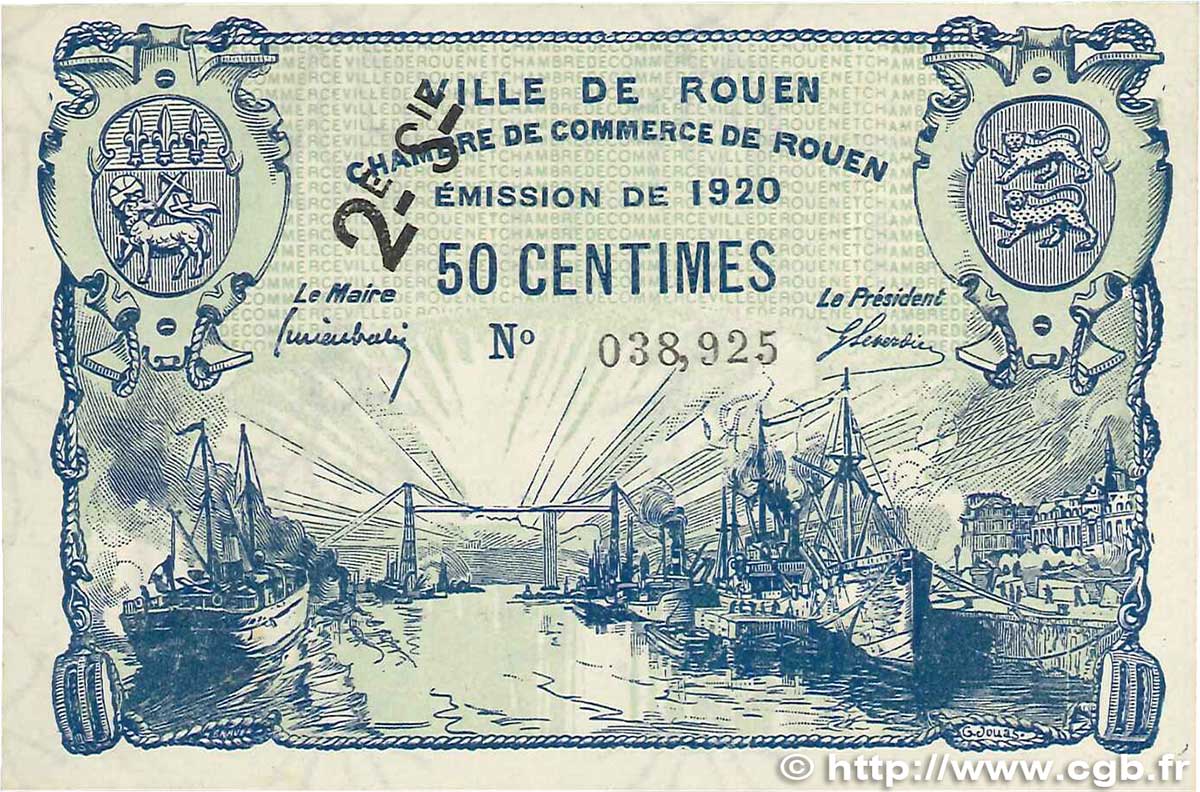 50 Centimes FRANCE regionalismo y varios Rouen 1920 JP.110.53 MBC