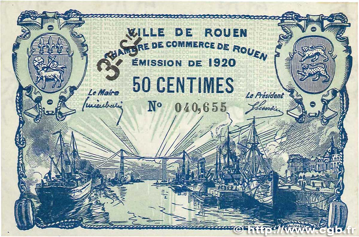 50 Centimes FRANCE regionalism and various Rouen 1920 JP.110.61 VF+