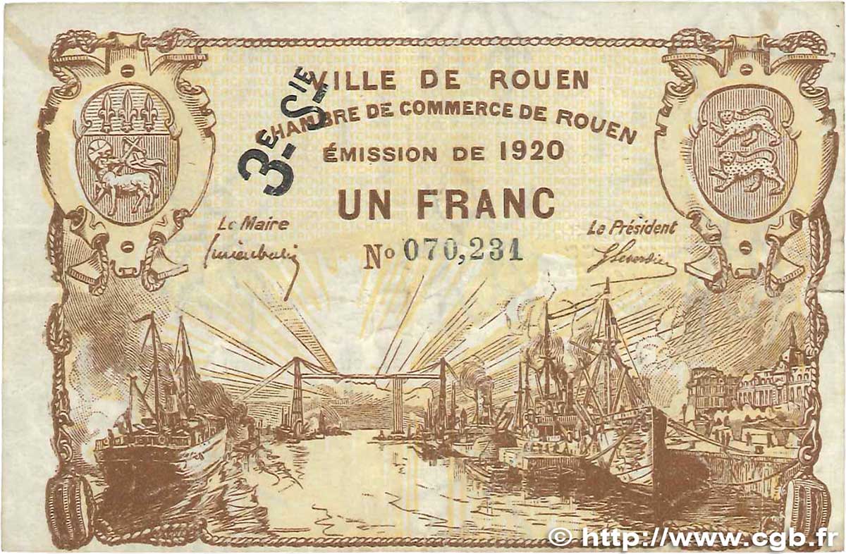 1 Franc FRANCE regionalism and miscellaneous Rouen 1920 JP.110.62 VG