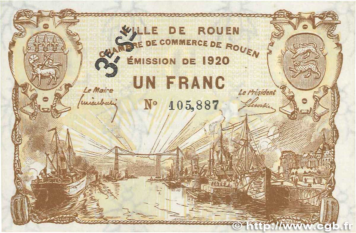 1 Franc FRANCE Regionalismus und verschiedenen Rouen 1920 JP.110.62 VZ
