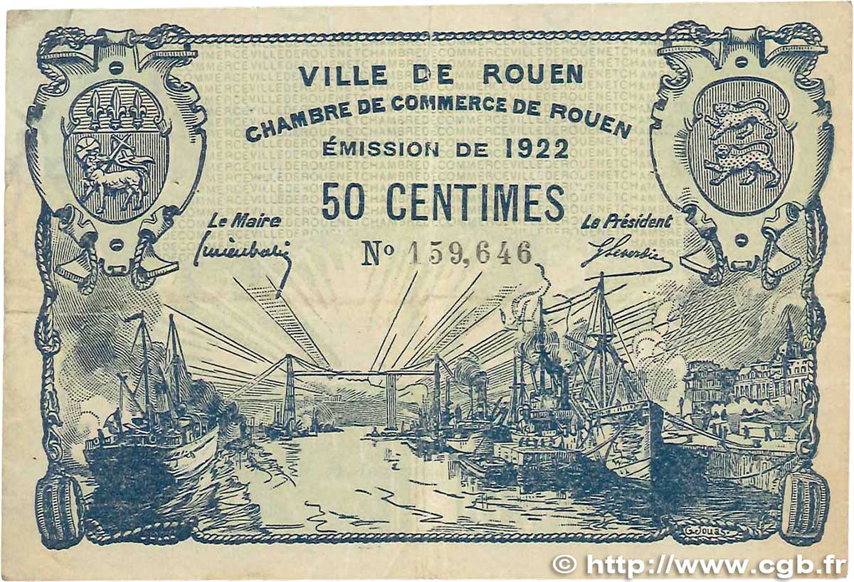 50 Centimes FRANCE regionalism and various Rouen 1922 JP.110.64 VF-