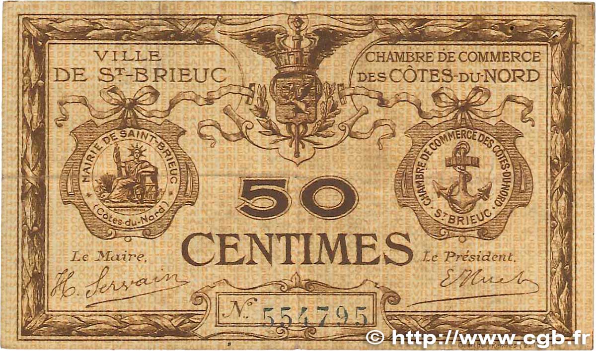 50 Centimes FRANCE regionalism and various Saint-Brieuc 1918 JP.111.01 VG