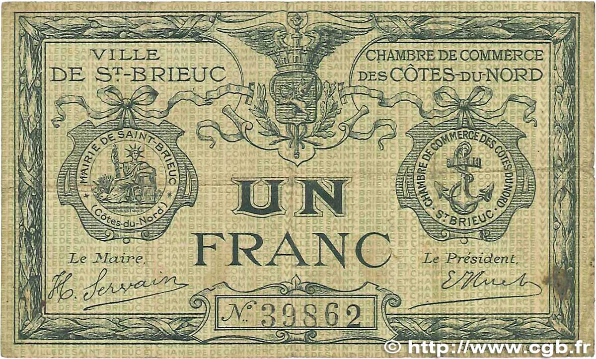 1 Franc FRANCE regionalism and various Saint-Brieuc 1918 JP.111.06 VG