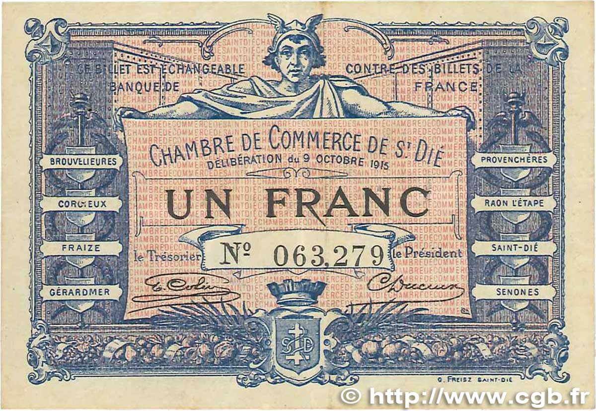 1 Franc FRANCE regionalismo y varios Saint-Die 1915 JP.112.03 MBC