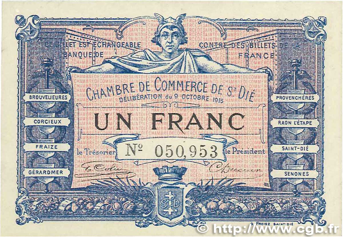 1 Franc FRANCE regionalism and miscellaneous Saint-Die 1915 JP.112.03 XF
