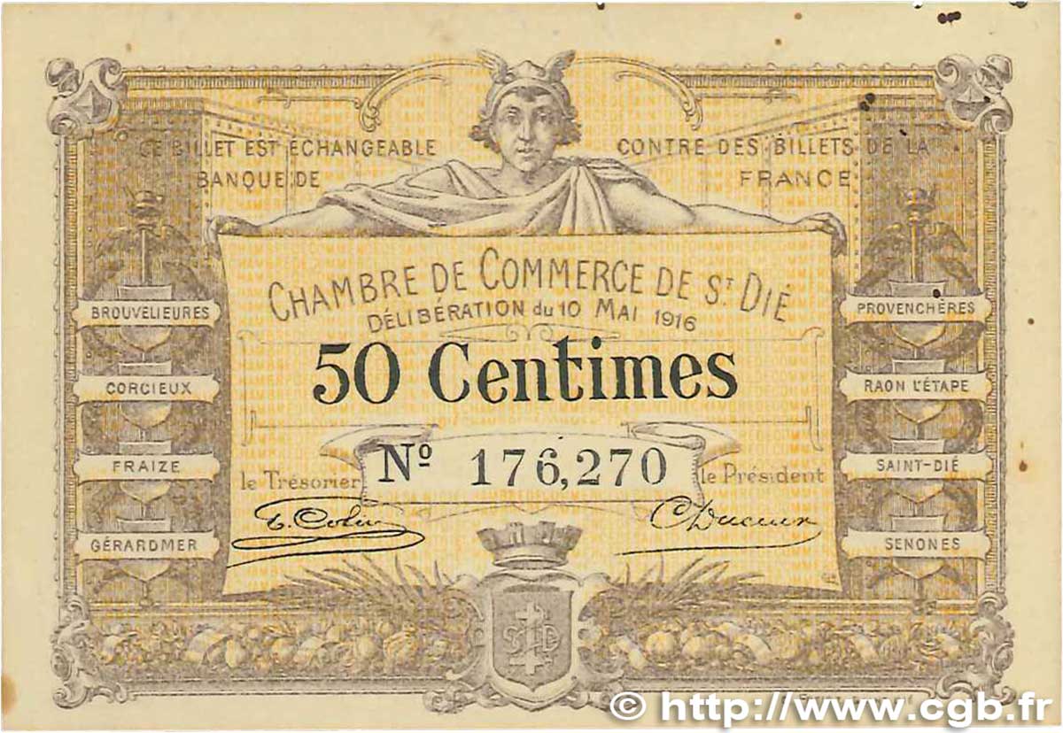 50 Centimes FRANCE regionalismo y varios Saint-Die 1916 JP.112.05 MBC