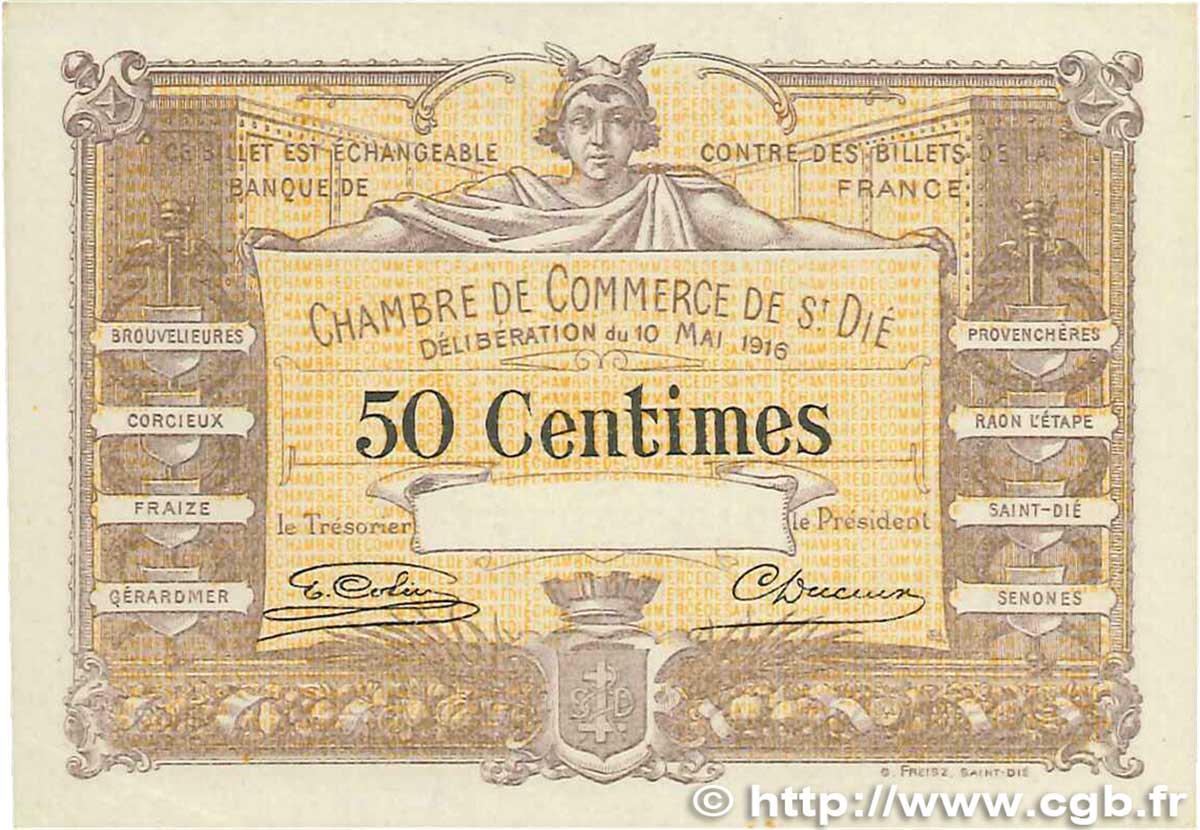 50 Centimes Spécimen FRANCE regionalismo e varie Saint-Die 1916 JP.112.06 SPL