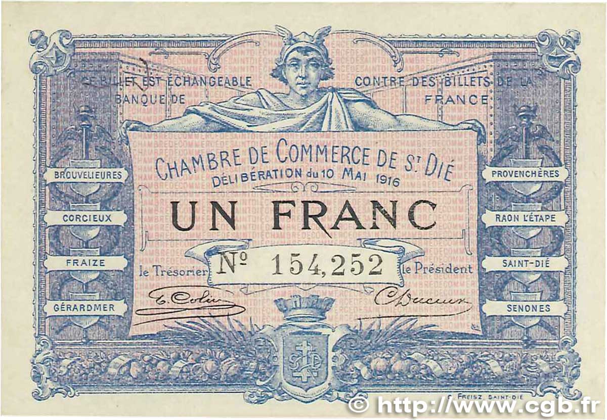 1 Franc FRANCE regionalismo y varios Saint-Die 1916 JP.112.08 MBC+