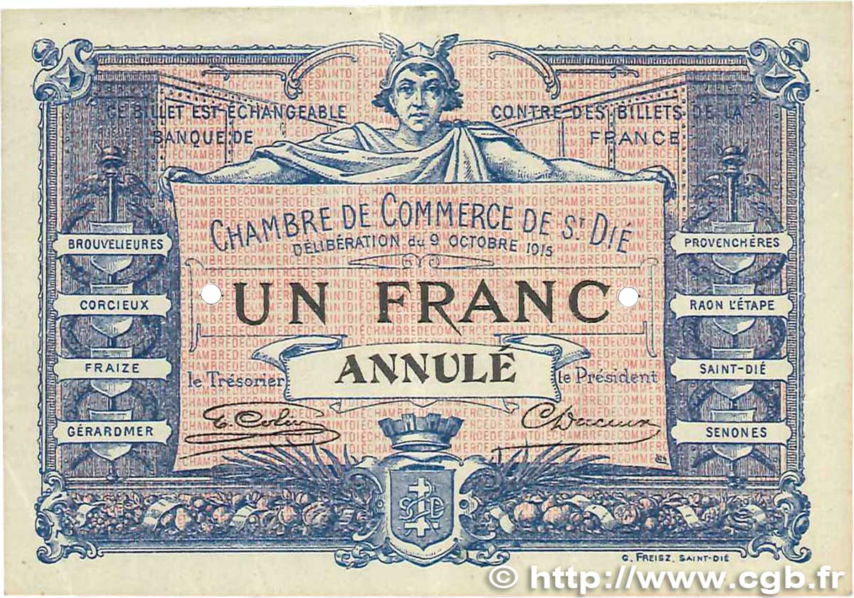 1 Franc Annulé FRANCE regionalism and miscellaneous  1916 JP.112.03var. XF