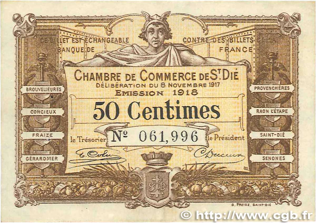 50 Centimes FRANCE regionalism and miscellaneous Saint-Die 1917 JP.112.10 VF