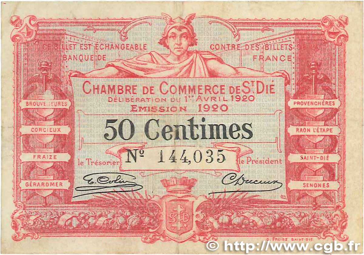 50 Centimes FRANCE regionalism and various Saint-Die 1920 JP.112.16 F