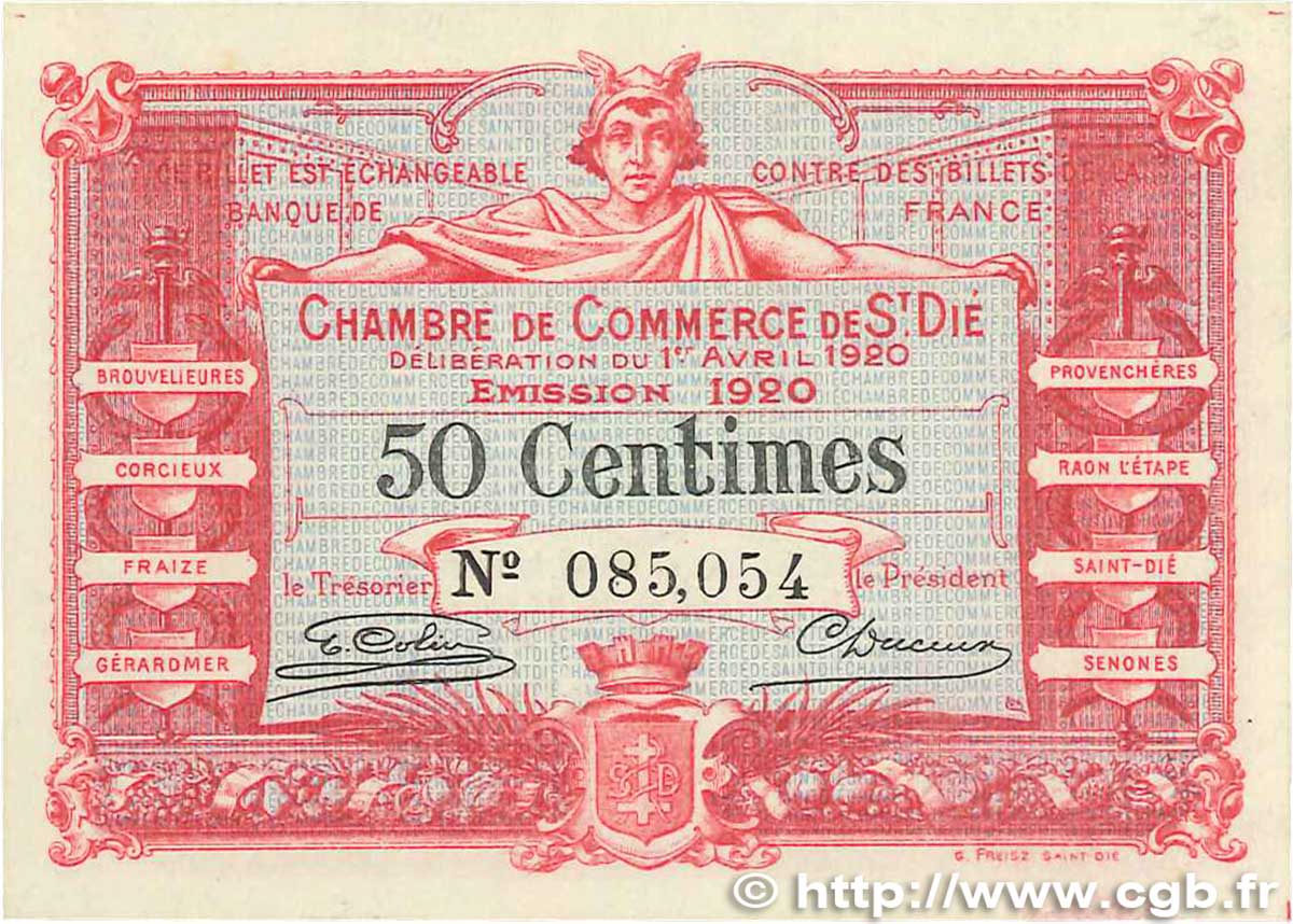 50 Centimes FRANCE regionalism and miscellaneous Saint-Die 1920 JP.112.16 XF+