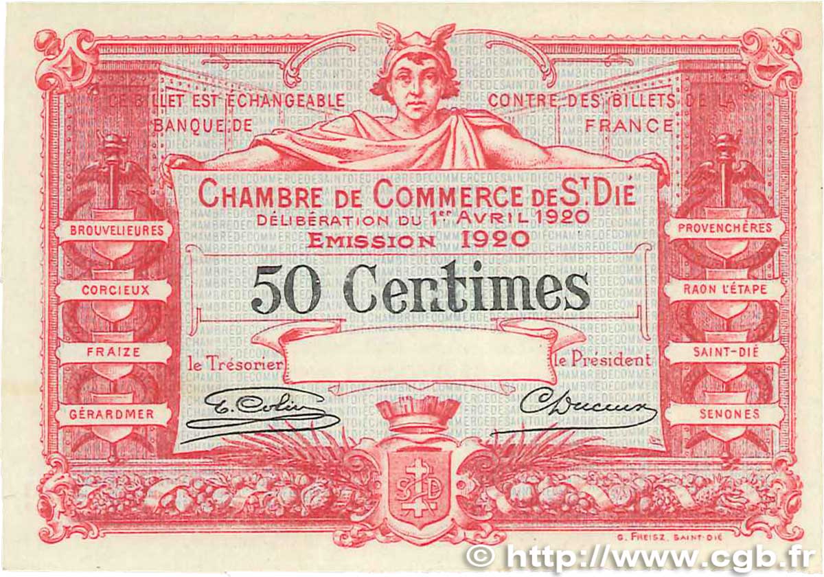 50 Centimes Spécimen FRANCE regionalism and miscellaneous Saint-Die 1920 JP.112.17 VF+