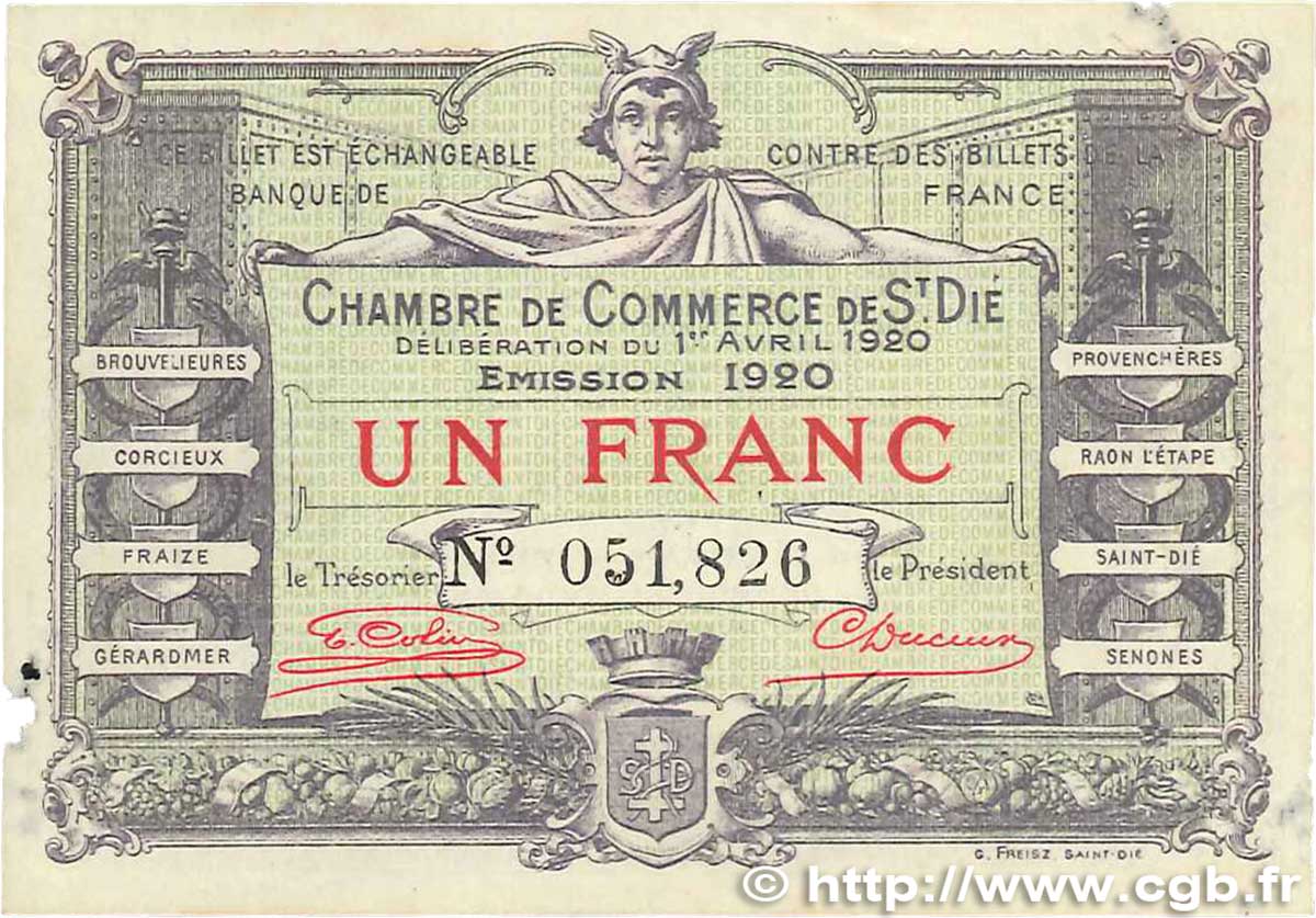 1 Franc FRANCE Regionalismus und verschiedenen Saint-Die 1920 JP.112.19 S