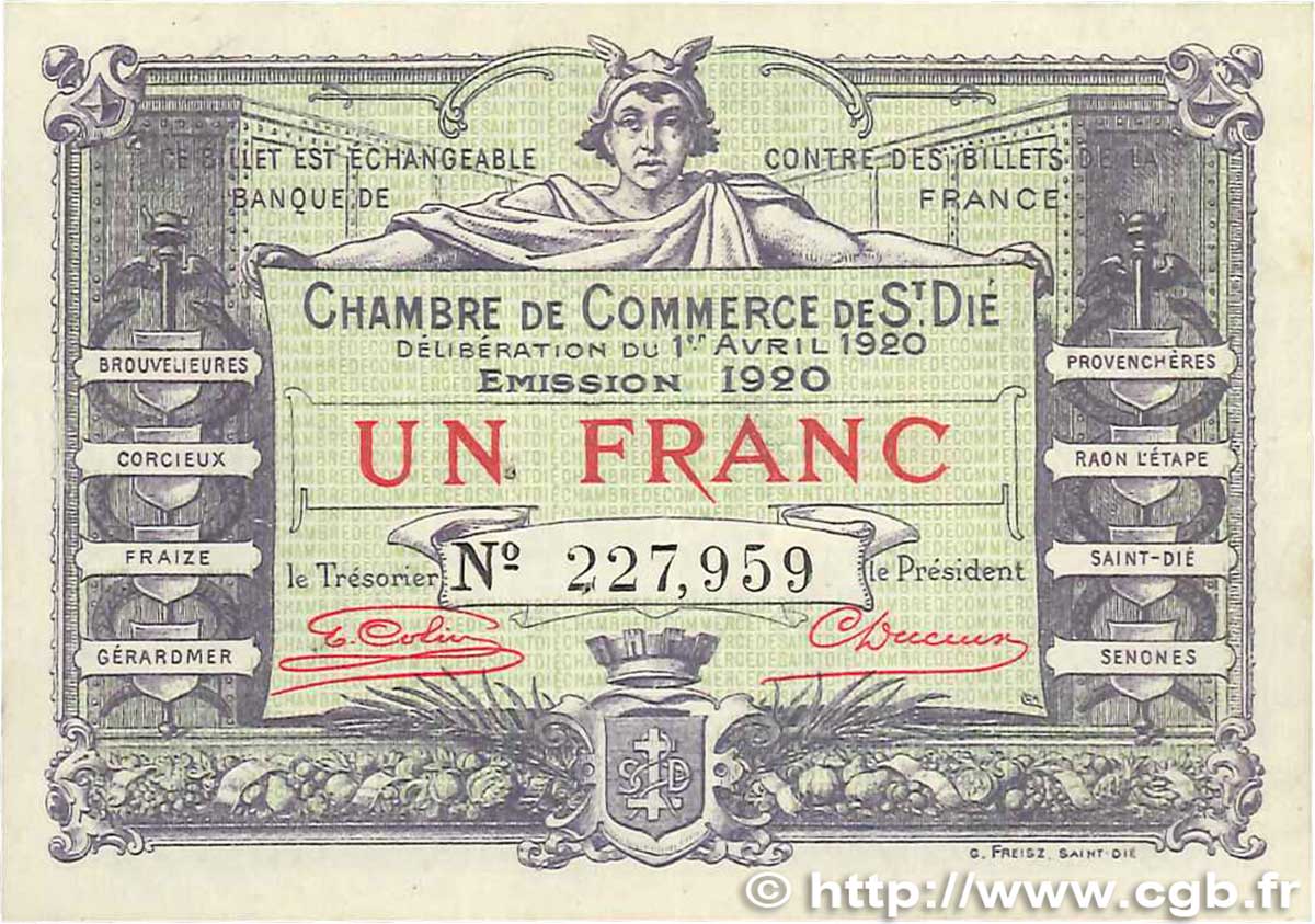 1 Franc FRANCE Regionalismus und verschiedenen Saint-Die 1920 JP.112.19 SS