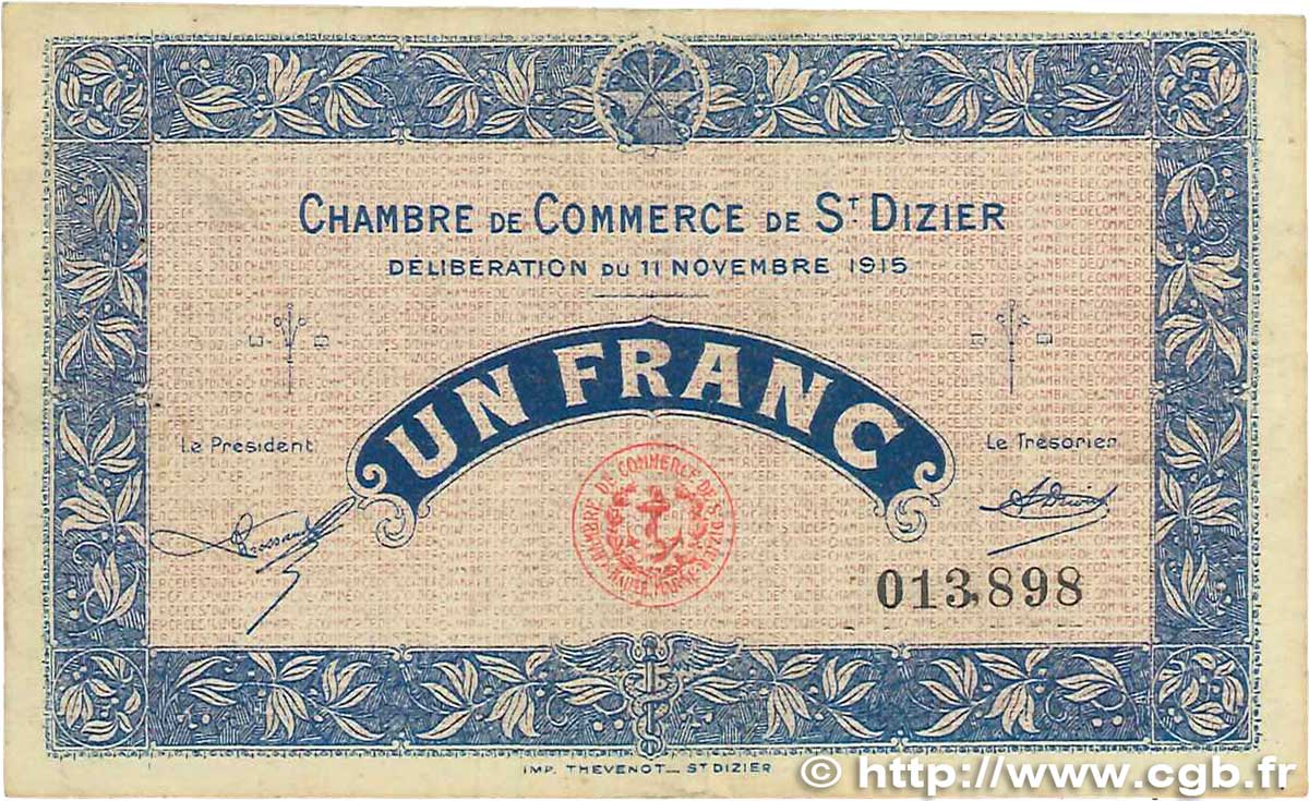 1 Franc FRANCE régionalisme et divers Saint-Dizier 1915 JP.113.06 TB