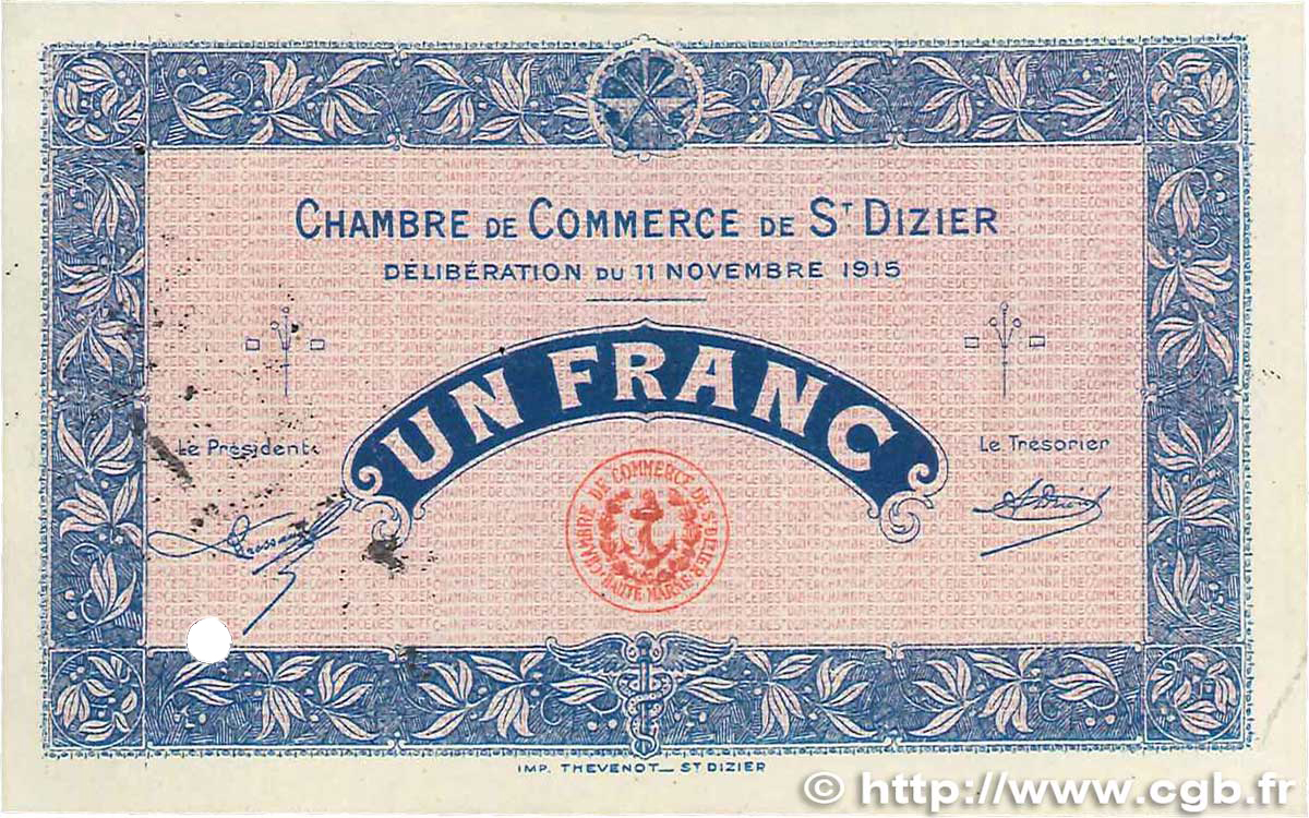 1 Franc Spécimen FRANCE regionalism and miscellaneous  1915 JP.113.10var. VF+