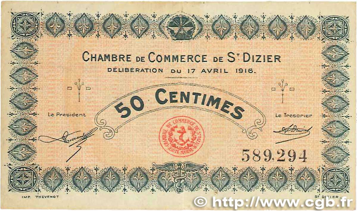 50 Centimes FRANCE Regionalismus und verschiedenen Saint-Dizier 1916 JP.113.11 S