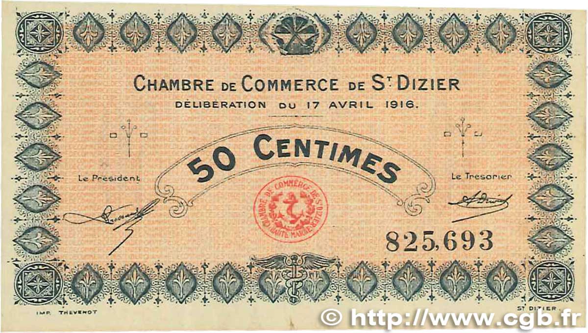 50 Centimes FRANCE Regionalismus und verschiedenen Saint-Dizier 1916 JP.113.11 SS
