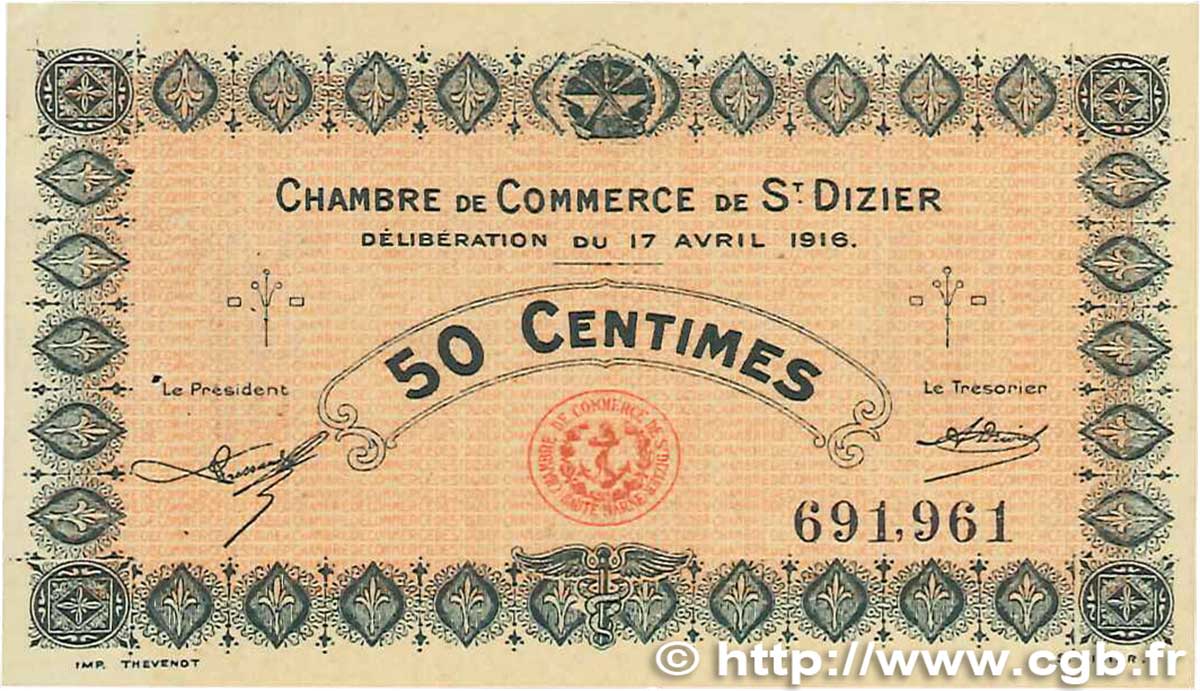 50 Centimes FRANCE regionalism and various Saint-Dizier 1916 JP.113.11 VF+