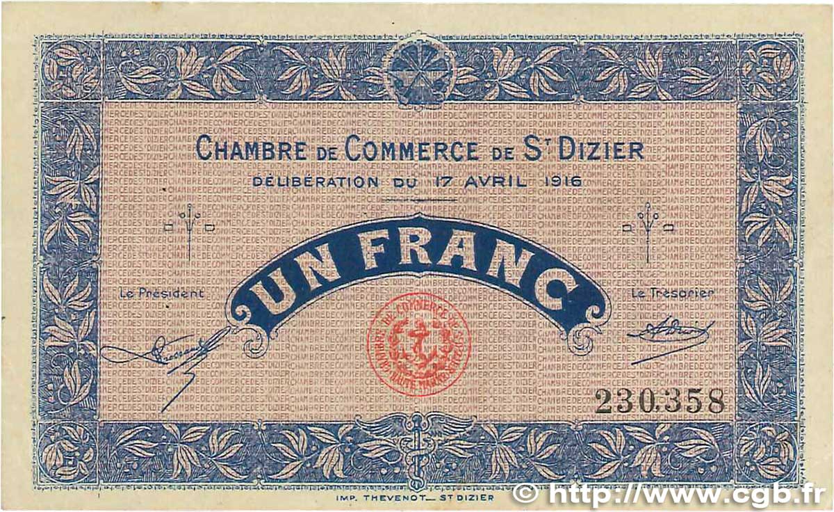 1 Franc FRANCE régionalisme et divers Saint-Dizier 1916 JP.113.12 TTB