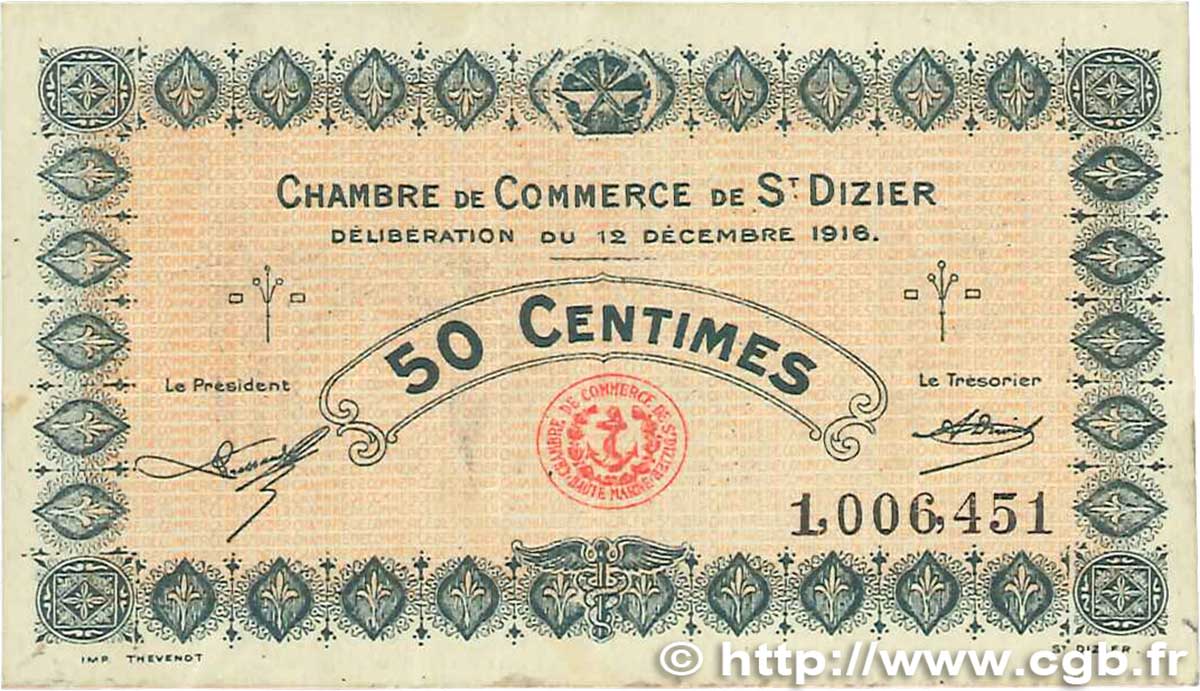 50 Centimes FRANCE Regionalismus und verschiedenen Saint-Dizier 1916 JP.113.13 S