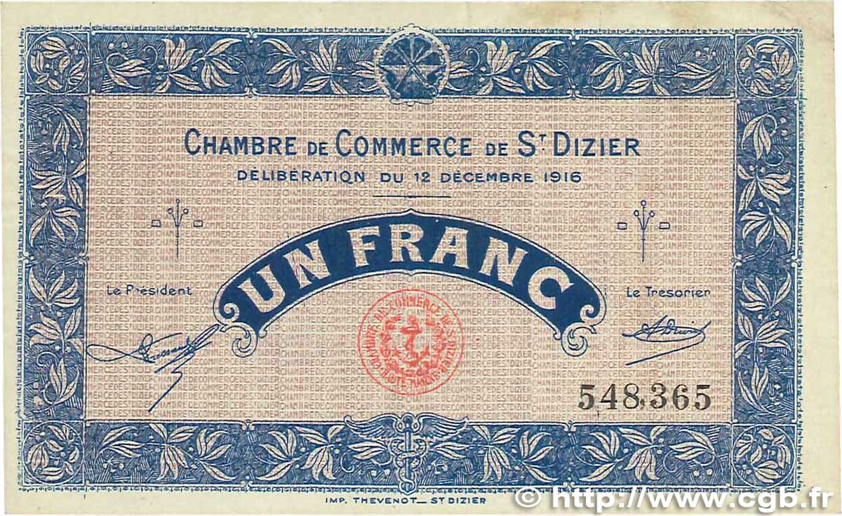 1 Franc FRANCE Regionalismus und verschiedenen Saint-Dizier 1916 JP.113.14 fSS