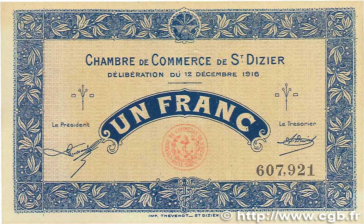 1 Franc FRANCE regionalism and various Saint-Dizier 1916 JP.113.14 VF