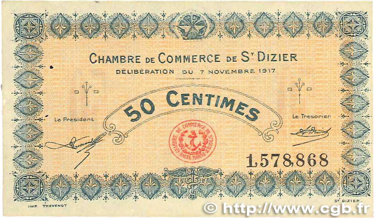 50 Centimes FRANCE Regionalismus und verschiedenen Saint-Dizier 1917 JP.113.15 fVZ