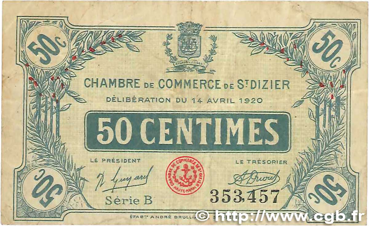 50 Centimes FRANCE regionalismo y varios Saint-Dizier 1920 JP.113.17 BC