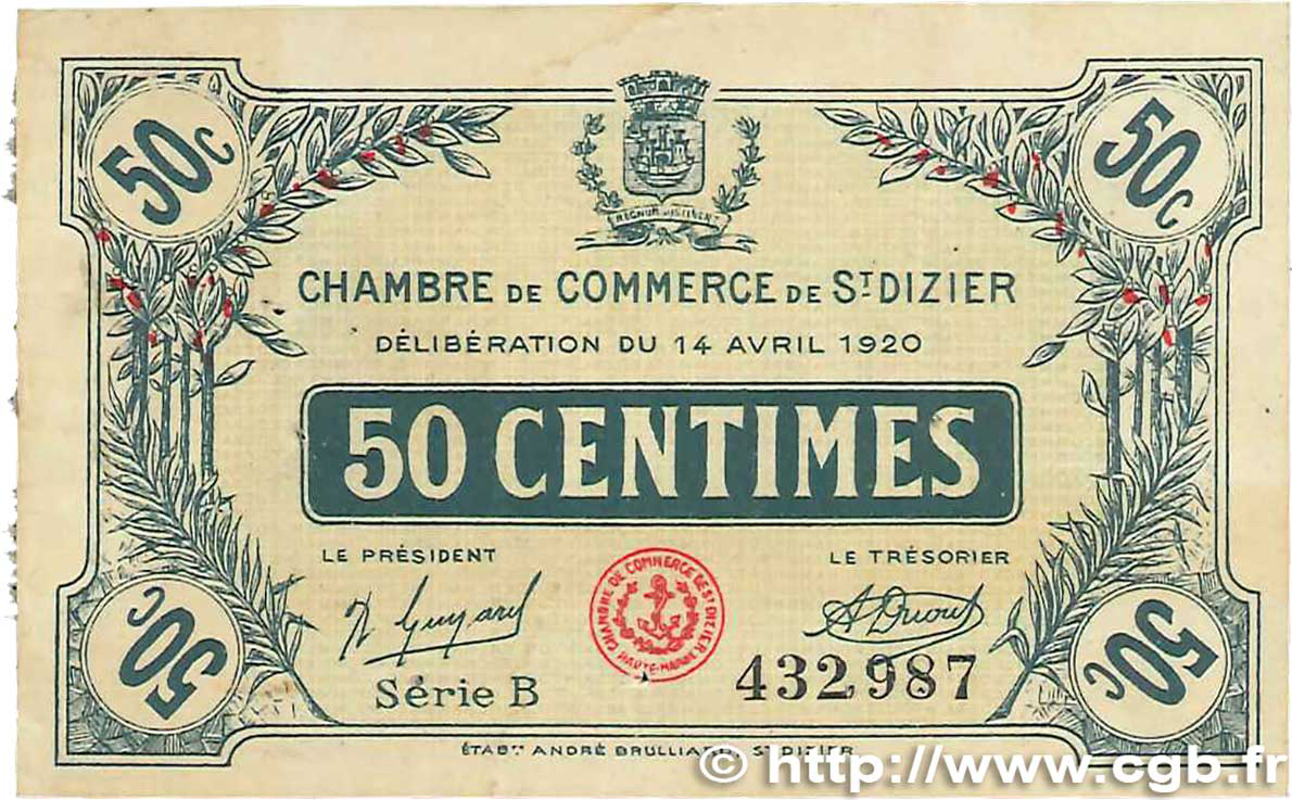 50 Centimes FRANCE Regionalismus und verschiedenen Saint-Dizier 1920 JP.113.17 S