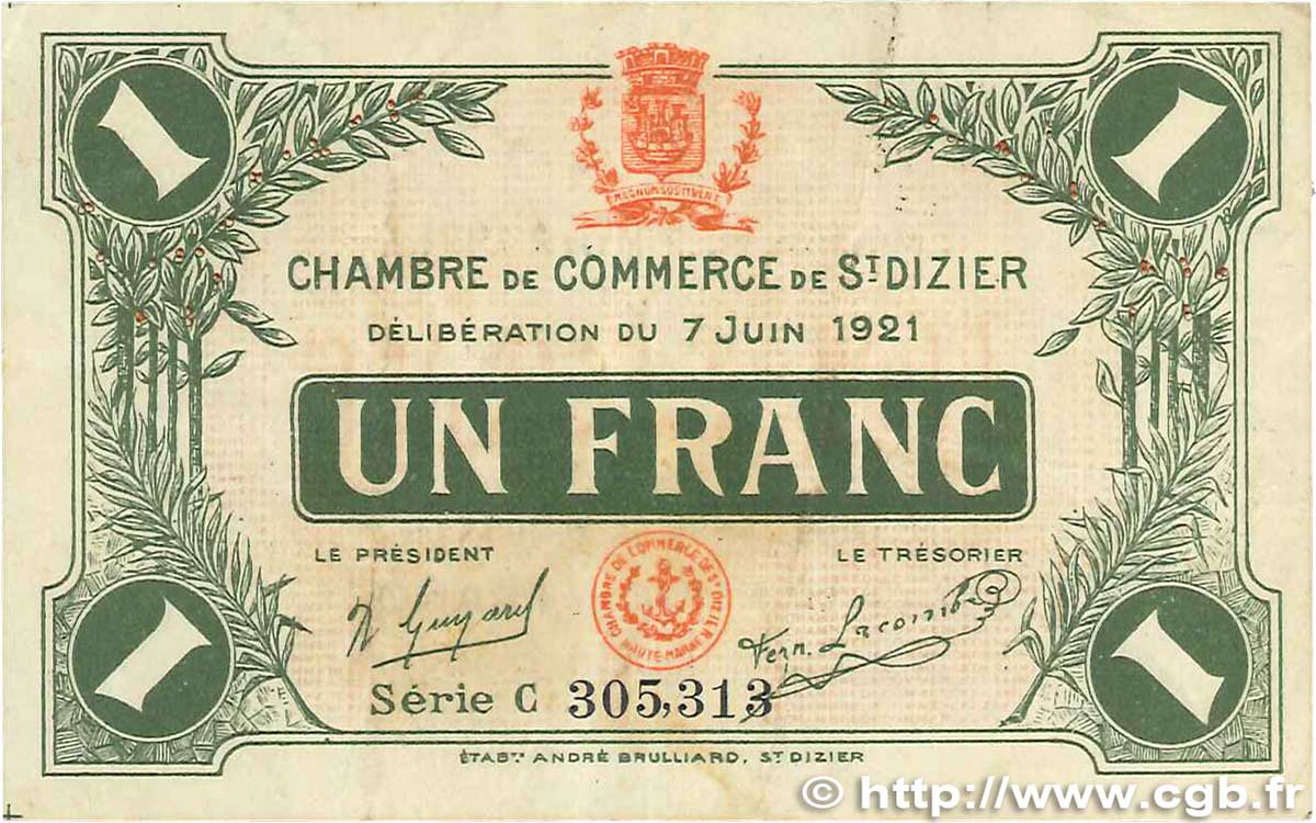 1 Franc FRANCE regionalism and miscellaneous Saint-Dizier 1921 JP.113.22 F
