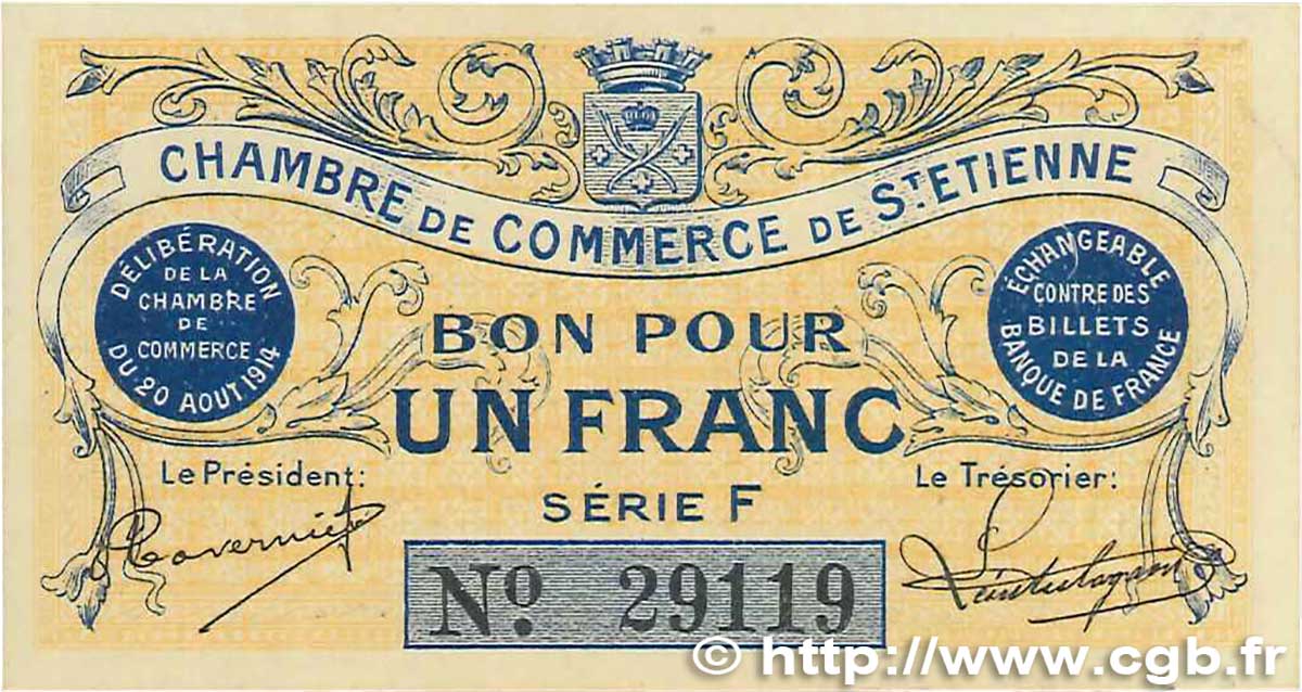 1 Franc FRANCE regionalism and miscellaneous Saint-Étienne 1914 JP.114.01 VF+