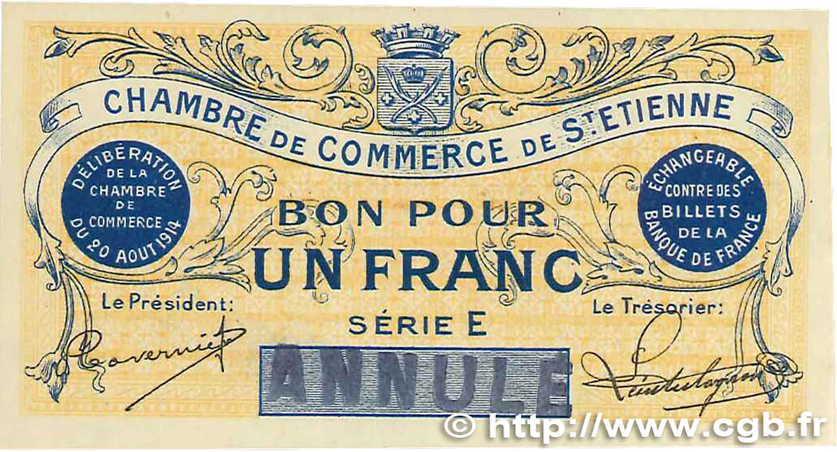 1 Franc Annulé FRANCE Regionalismus und verschiedenen Saint-Étienne 1914 JP.114.02 VZ