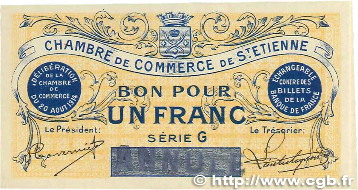 1 Franc Annulé FRANCE régionalisme et divers Saint-Étienne 1914 JP.114.02 TTB+