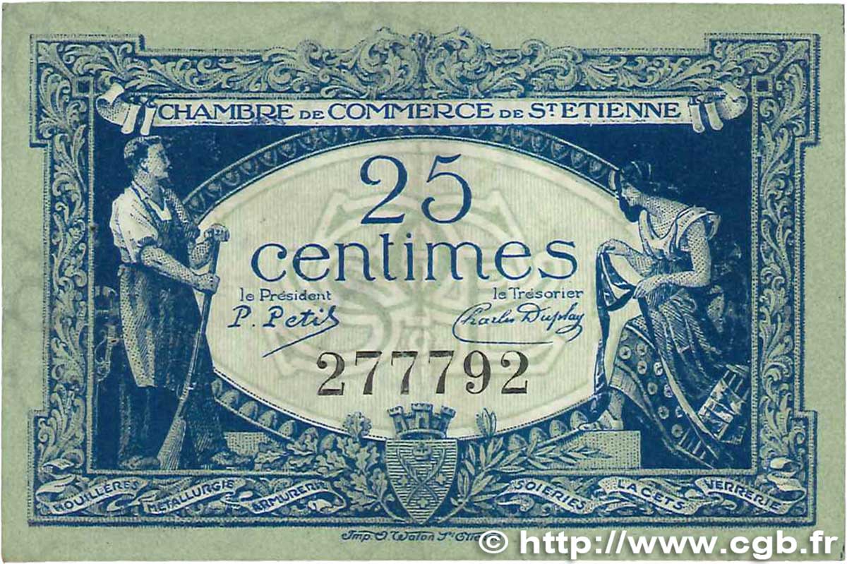 25 Centimes FRANCE regionalism and miscellaneous Saint-Étienne 1921 JP.114.05 VF+
