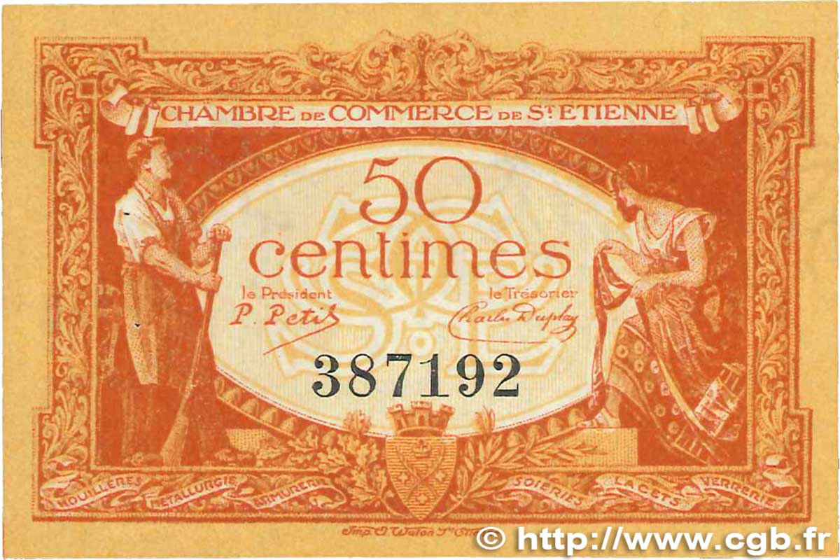 50 Centimes FRANCE regionalism and miscellaneous Saint-Étienne 1921 JP.114.06 VF+