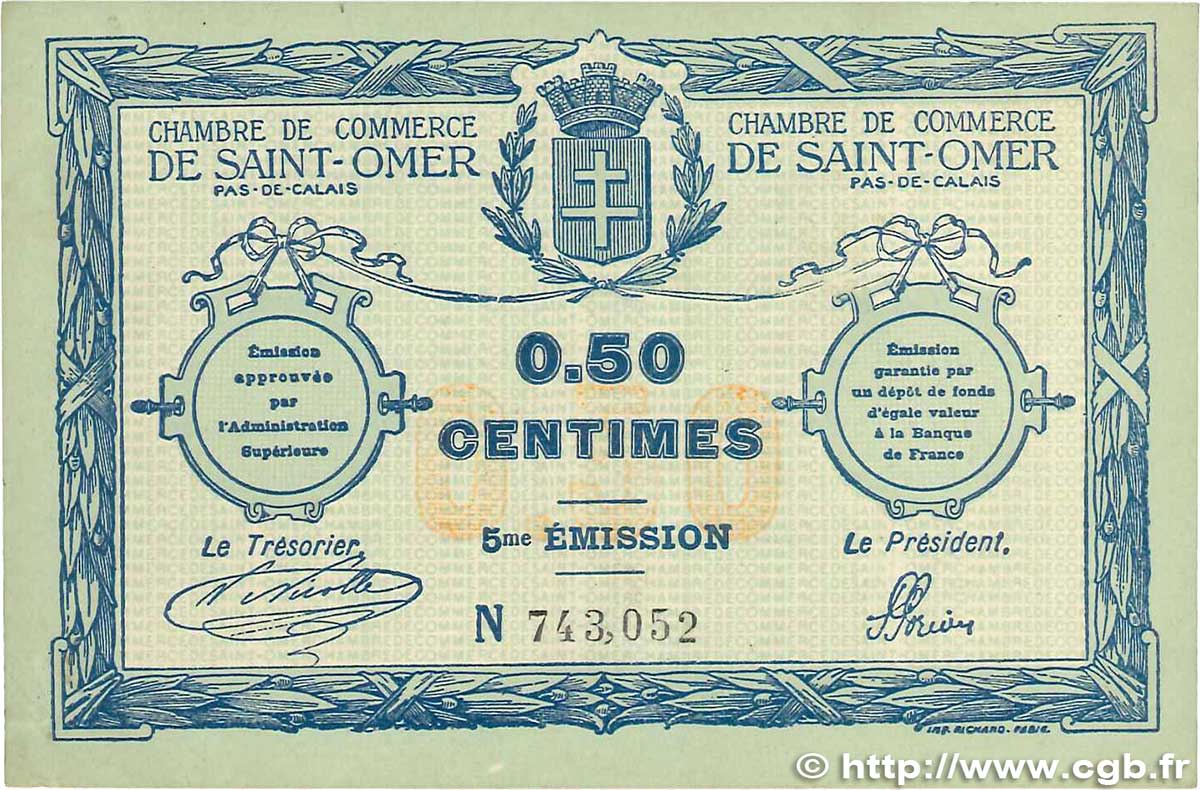 50 Centimes FRANCE regionalismo y varios Saint-Omer 1914 JP.115.07 MBC