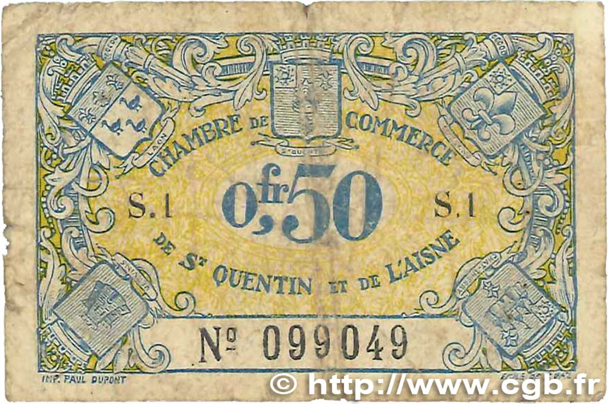 50 Centimes FRANCE Regionalismus und verschiedenen Saint-Quentin 1918 JP.116.01 SGE