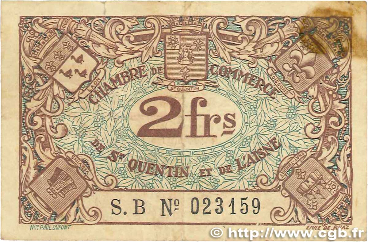 2 Francs FRANCE regionalism and various Saint-Quentin 1918 JP.116.08 VG