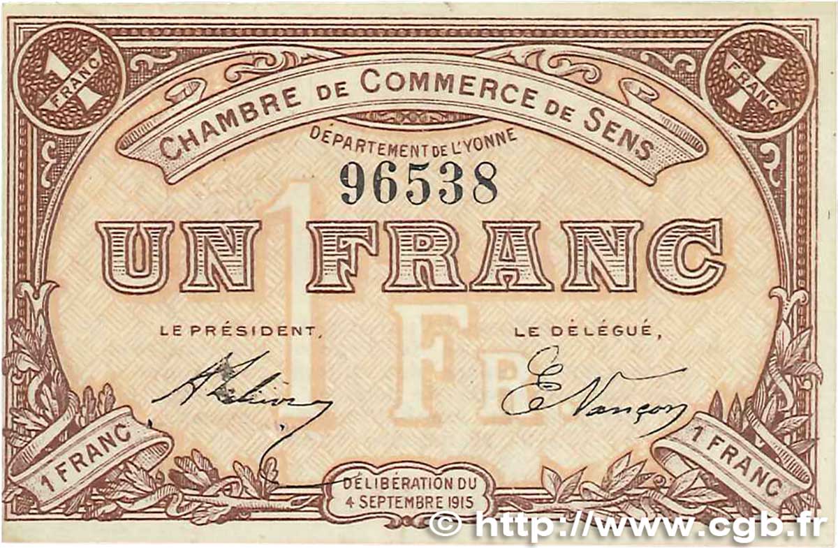 1 Franc FRANCE regionalism and various Sens 1915 JP.118.01 VF+