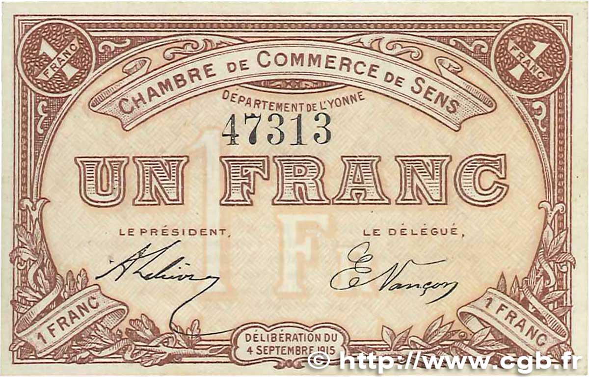1 Franc FRANCE regionalism and various Sens 1915 JP.118.01 XF