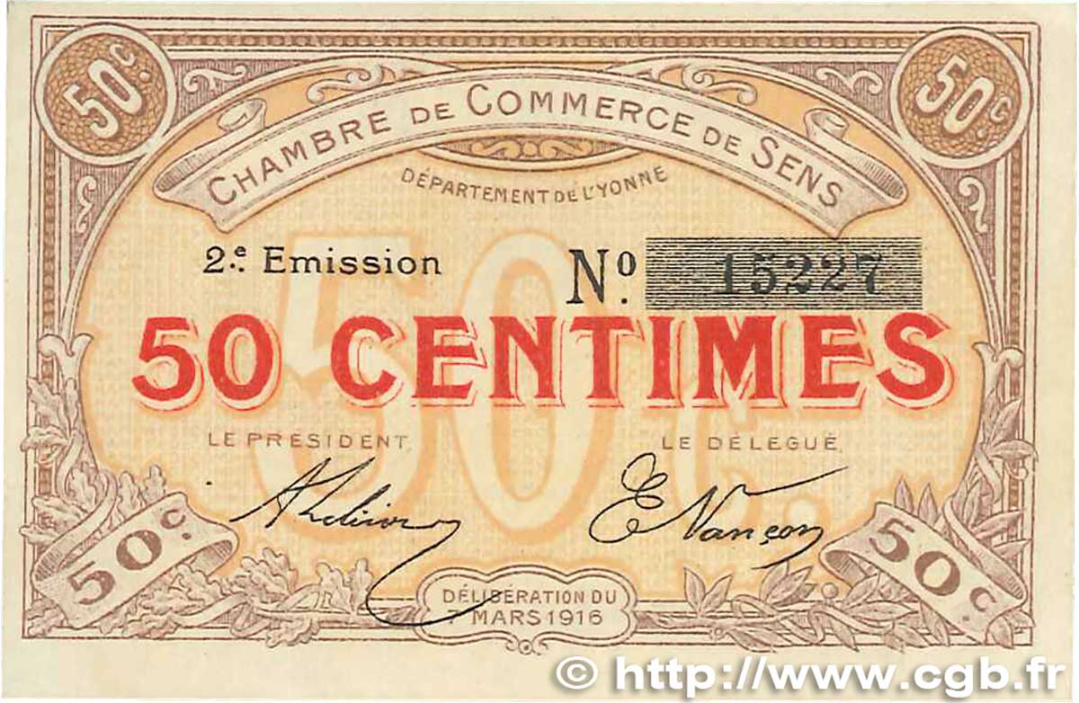 50 Centimes FRANCE regionalism and various Sens 1916 JP.118.02 XF