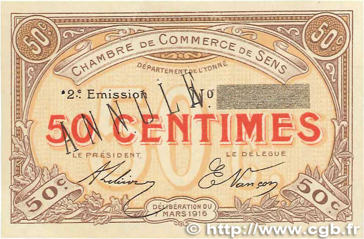 50 Centimes Annulé FRANCE régionalisme et divers Sens 1916 JP.118.03 SUP
