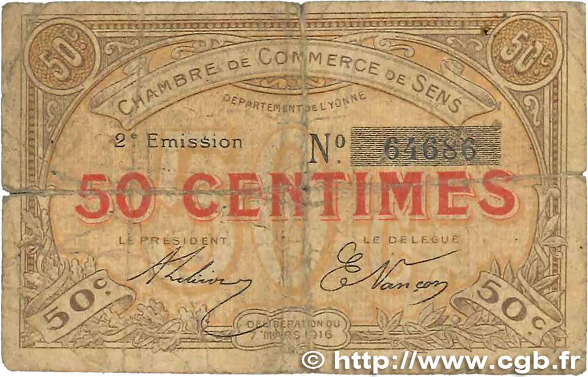 50 Centimes FRANCE regionalism and various Sens 1916 JP.118.02 G