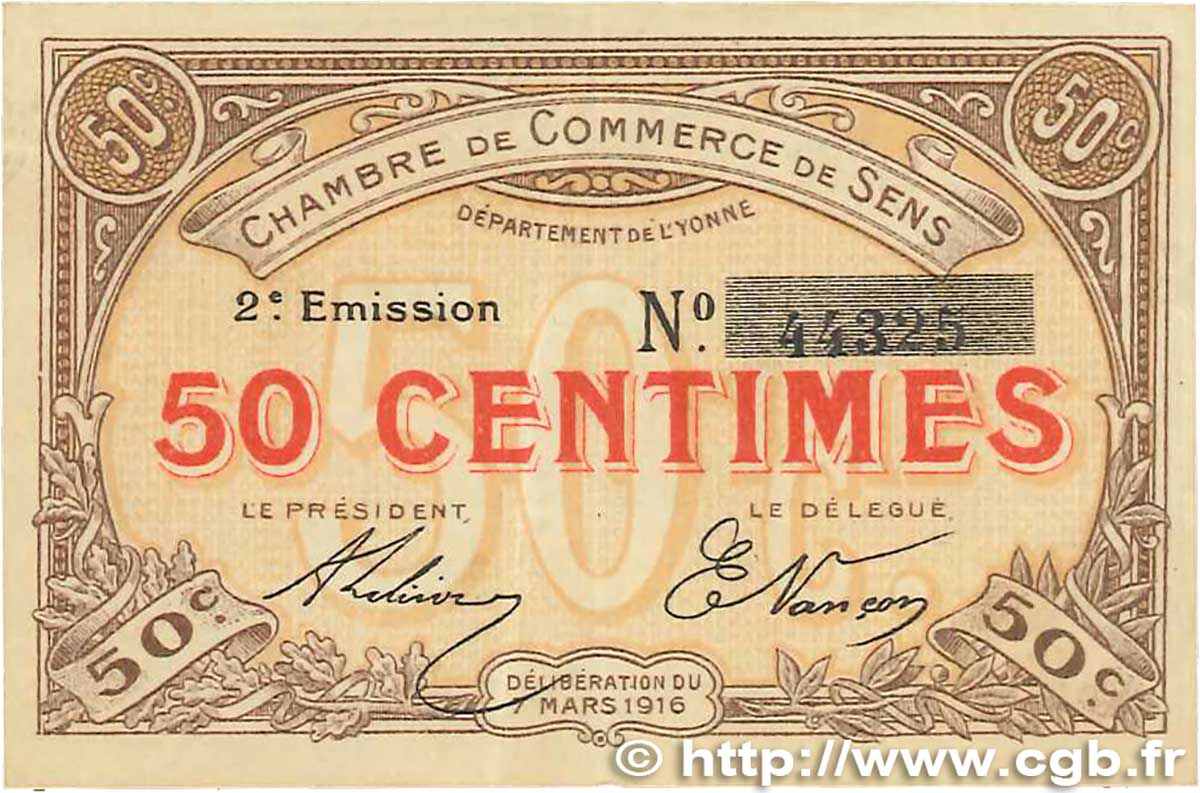 50 Centimes FRANCE regionalismo e varie Sens 1916 JP.118.02 BB