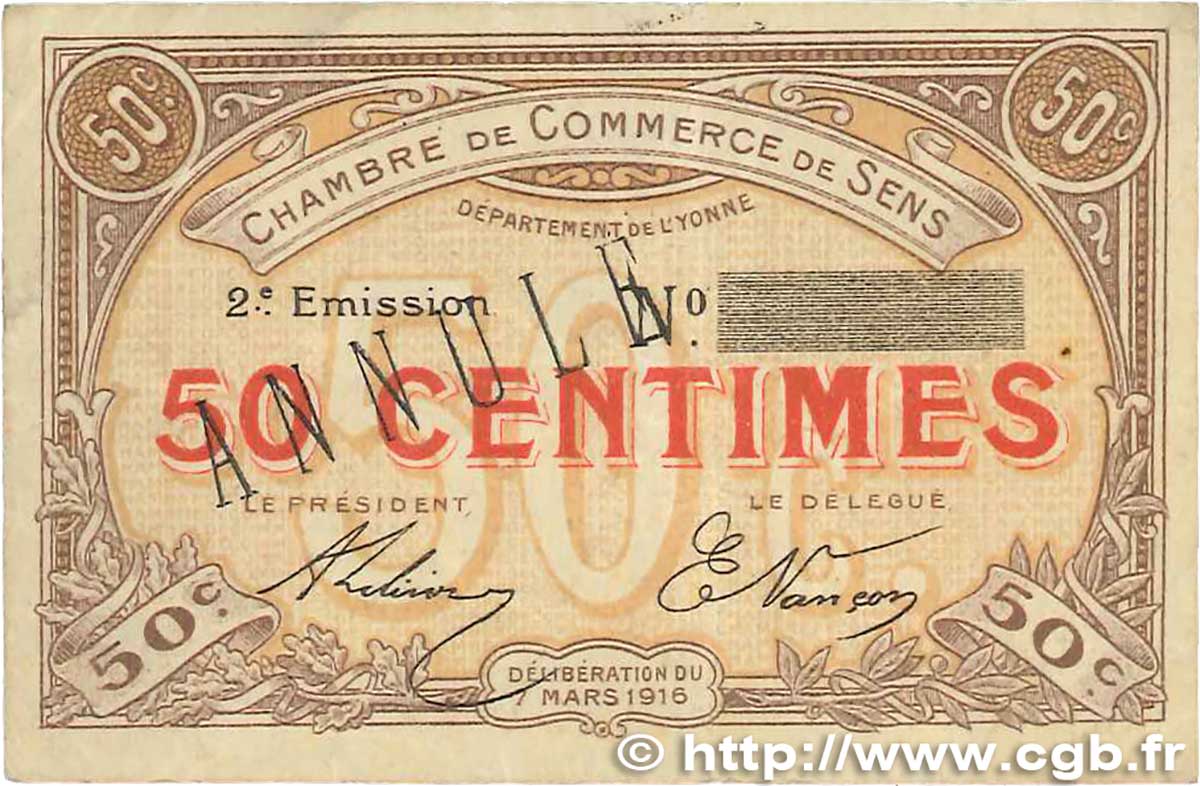 50 Centimes Annulé FRANCE regionalismo y varios Sens 1916 JP.118.03 MBC